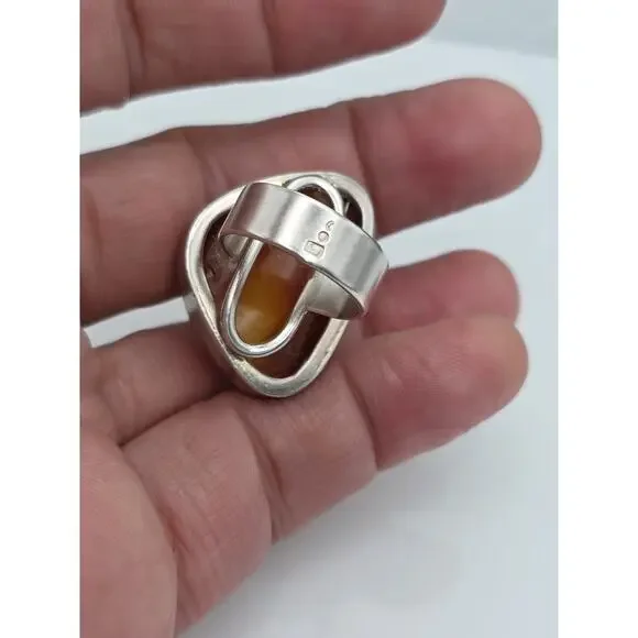 Vintage Sterling Silver 925 Egg Yolk Butterscotch Ring Amber Adjustable Size 9